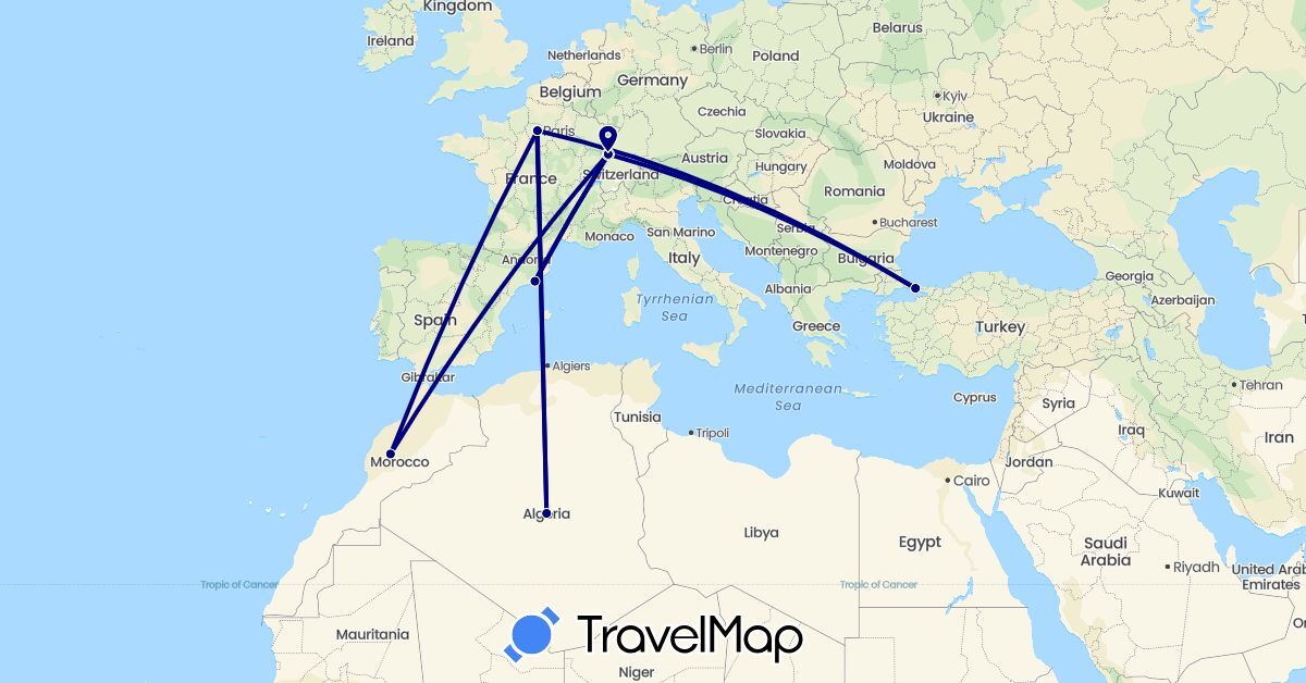 TravelMap itinerary: driving in Algeria, Spain, France, Morocco, Turkey (Africa, Asia, Europe)